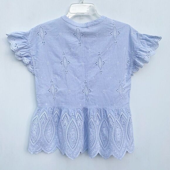 Joie Size XS Blue striped Ruffle Sleeve Eyelet 100% Cotton Button Top - Picture 2 of 4